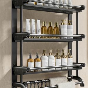 Bathroom Storage Shelves with Towel Bar, Wall-Mounted Organizer