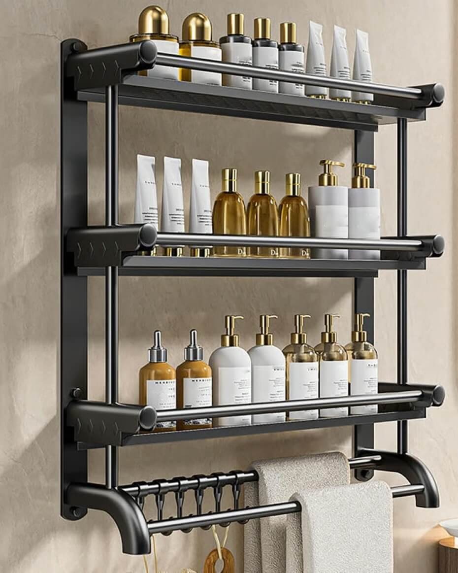 Bathroom Storage Shelves with Towel Bar, Wall-Mounted Organizer