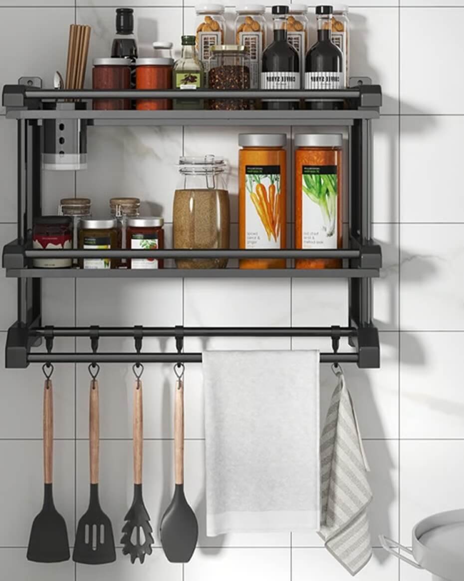 Bathroom Storage Shelves with Towel Bar, Wall-Mounted Organizer