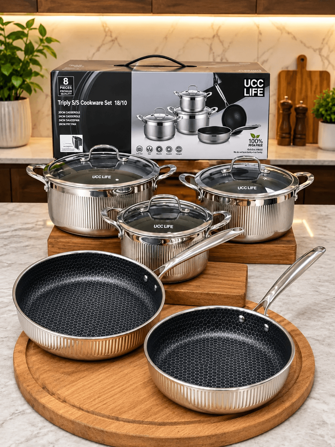 UCC Life 8-Piece Tri-Ply 1810 Stainless Steel Non-Stick Cookware Set